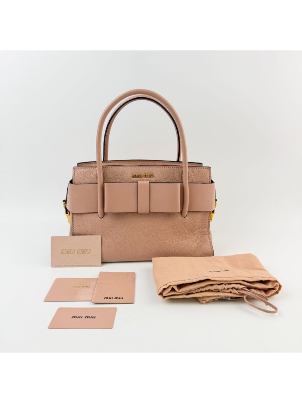 Miu Miu Ribbon Front Belt Handbag Leather Pink Beige Gold Vintage